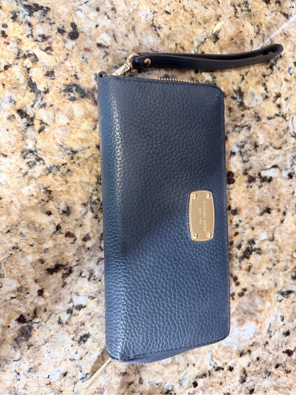 Michael Kors Navy Pebbled Leather Zip Wristlet Phone Wallet with Gold Plate
